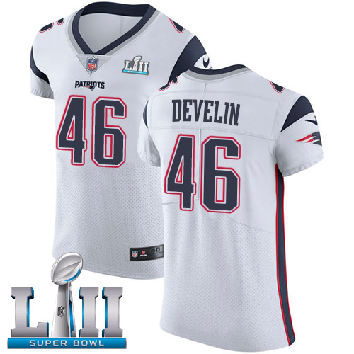 Nike Patriots #46 James Develin White Super Bowl LII Men's Stitched NFL Vapor Untouchable Elite Jersey - Click Image to Close